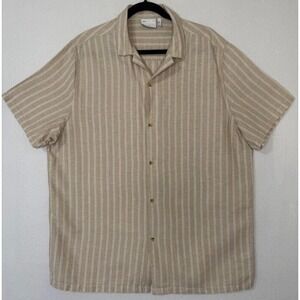 ASOS DESIGN Men's Shirt Size XL Beige Striped  Short Sleeve V Neck Linen Cotton